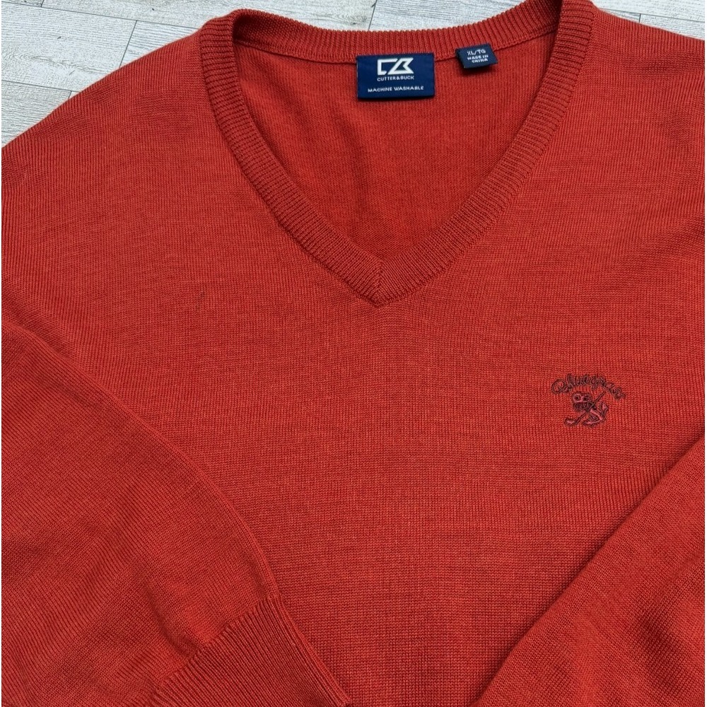 Cutter & Buck VNeck Sweater Mens XL Orange Merino Wool Blend Golf Bluegrass Logo